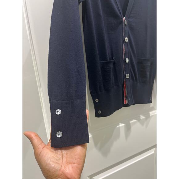 THOM BROWNE Men's 4-Bar Wool Navy Blue Cardigan Sweater Sz 0 - Picture 7 of 10
